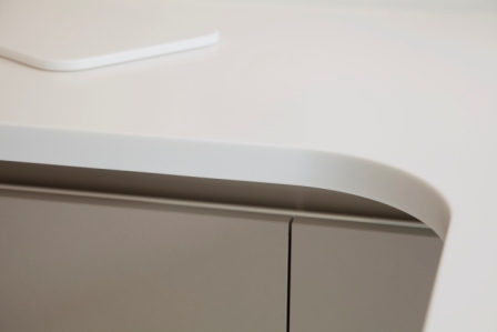Solid surface worktop with a precision-fitted waterfall edge
