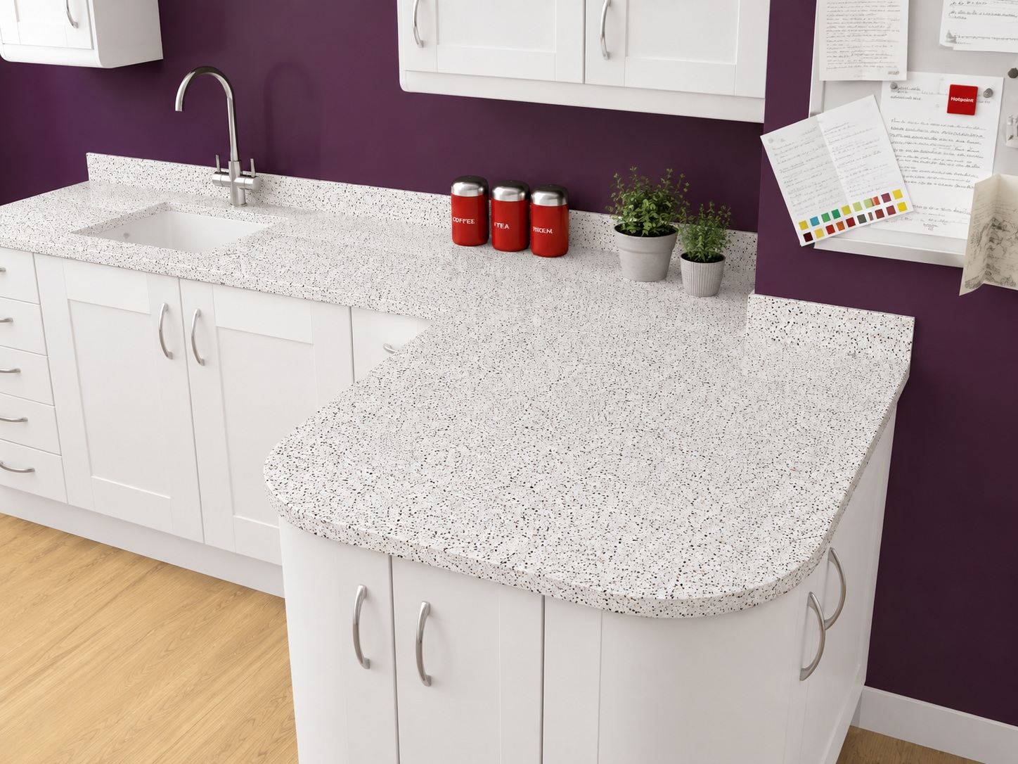 Our versatile overlay allows you to cover a peninsula and add curved edges, seamlessly. Example in Terrazzo Azzure