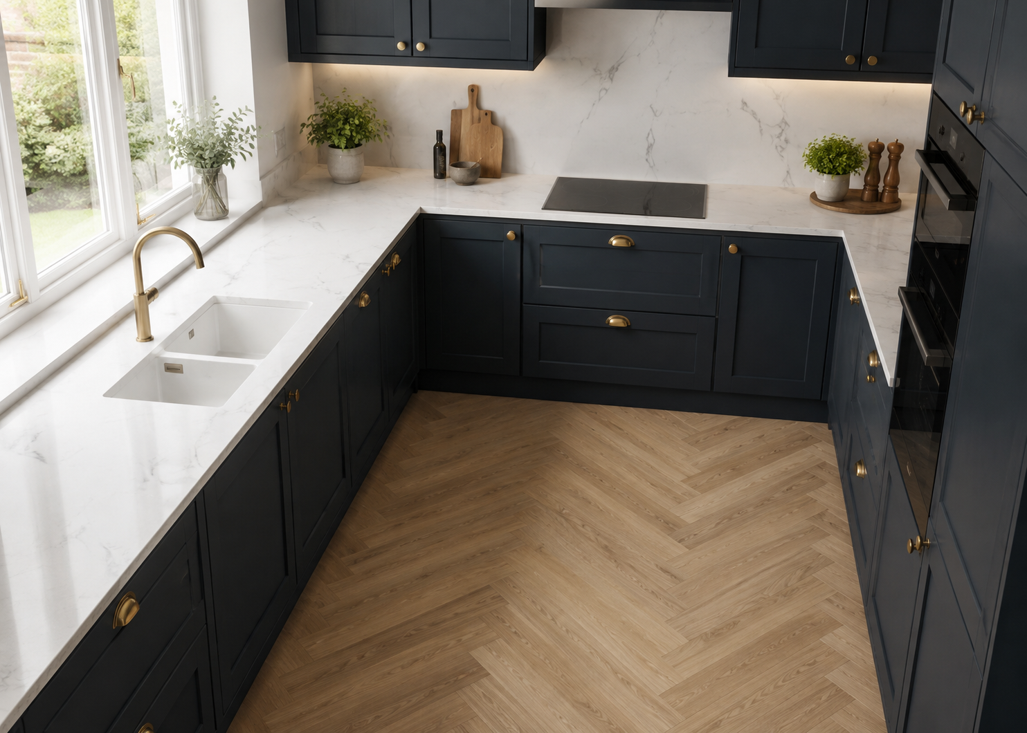 Torini Marble Seamless Overlay with full height backsplash, large double undermount sink