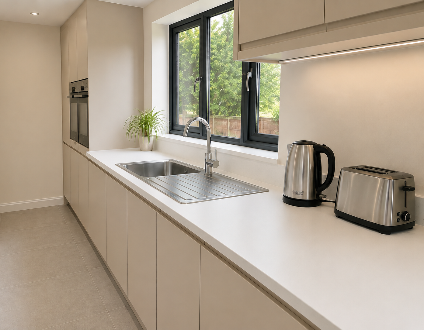 Seamless Overlay in a straight run Snow White worktop with the clients existing inset-sink with upstands