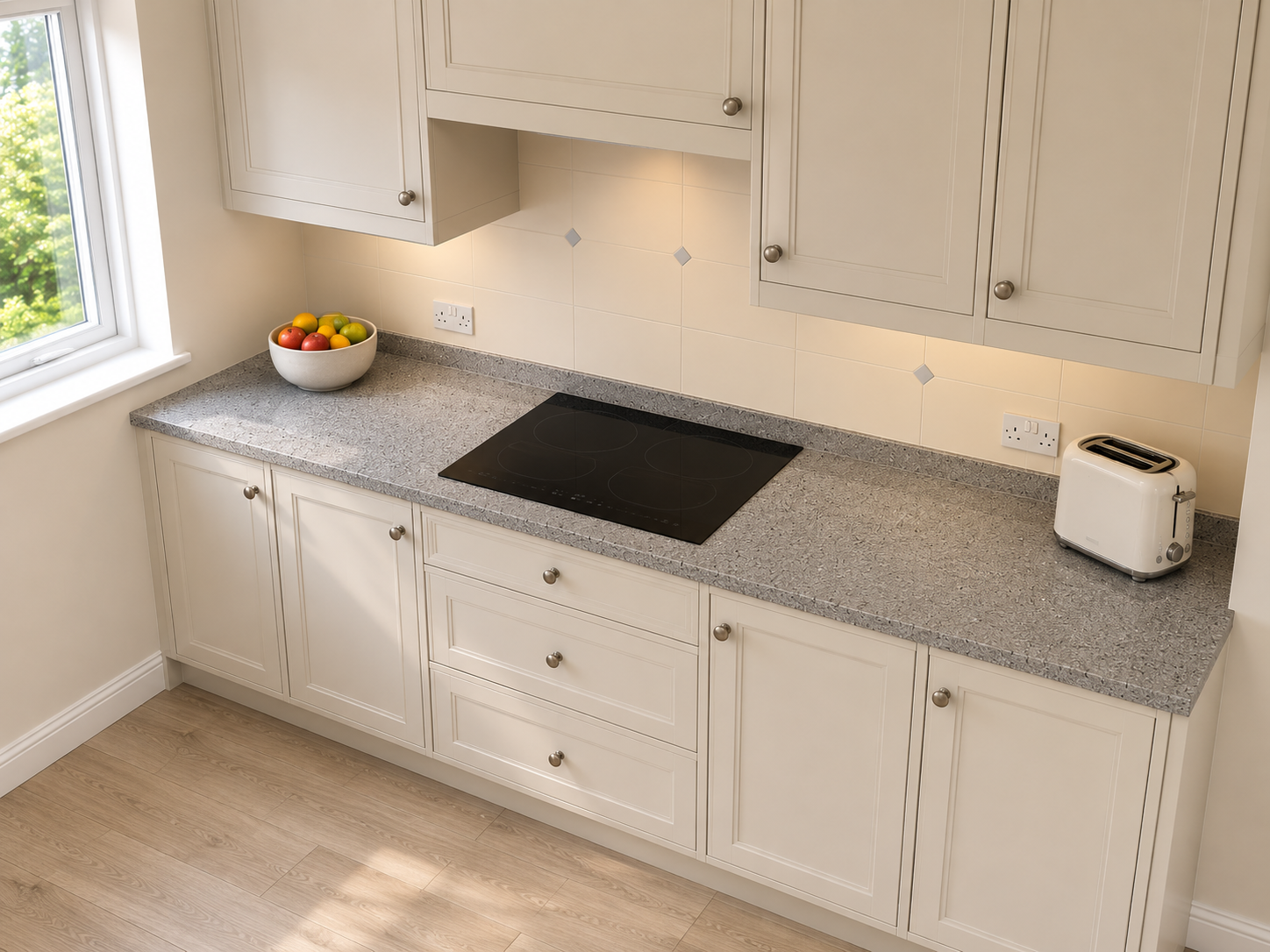 A simple but beautiful straight run Seamless Overlay worktop in Granulite with a planted upstand